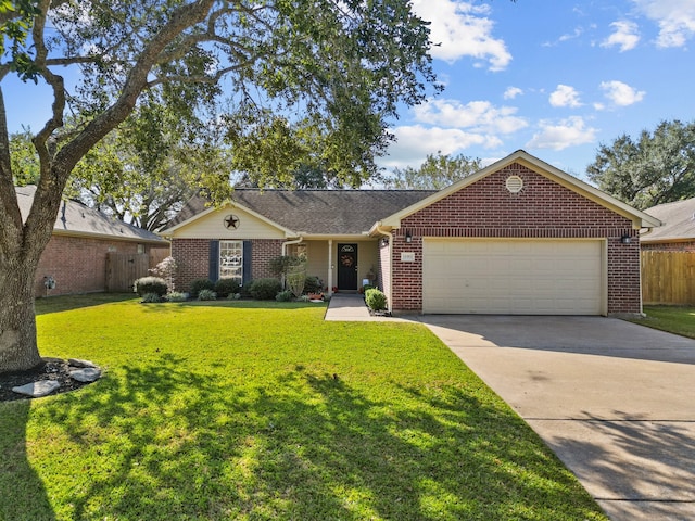 ranch-style house with driveway, a garage, fence, a front yard, and brick siding