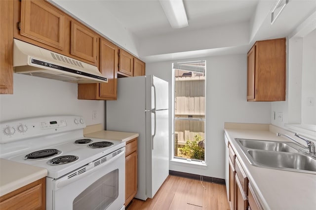 kitchen with light countertops, a sink, light wood-type flooring, white appliances, and under cabinet range hood