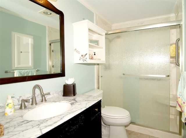40 Driving Range Ln, Trinity, TX 75862 - bathroom with toilet, a stall shower, ornamental molding, and vanity