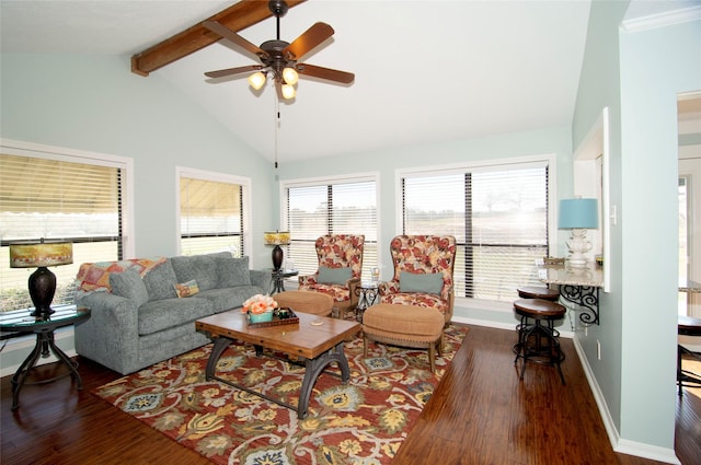 40 Driving Range Ln, Trinity, TX 75862 - living room featuring ceiling fan, high vaulted ceiling, wood finished floors, baseboards, and beamed ceiling