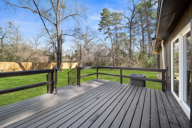 wooden deck with a yard and fence