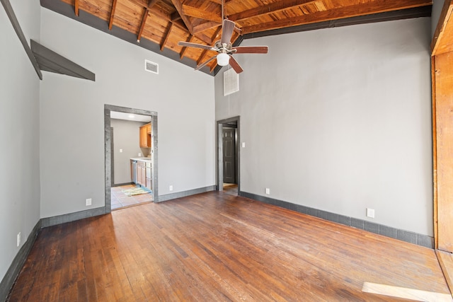 empty room with visible vents, dark wood-type flooring, a ceiling fan, wooden ceiling, and beamed ceiling