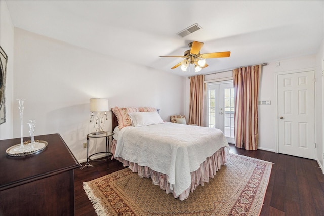 bedroom featuring visible vents, ceiling fan, french doors, access to outside, and dark wood-style flooring