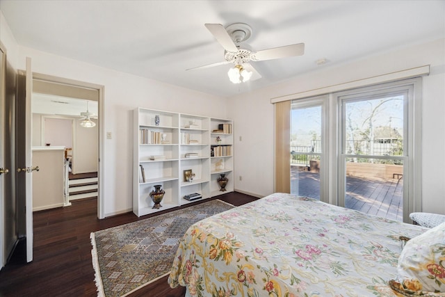 bedroom with access to exterior, dark wood finished floors, baseboards, and ceiling fan