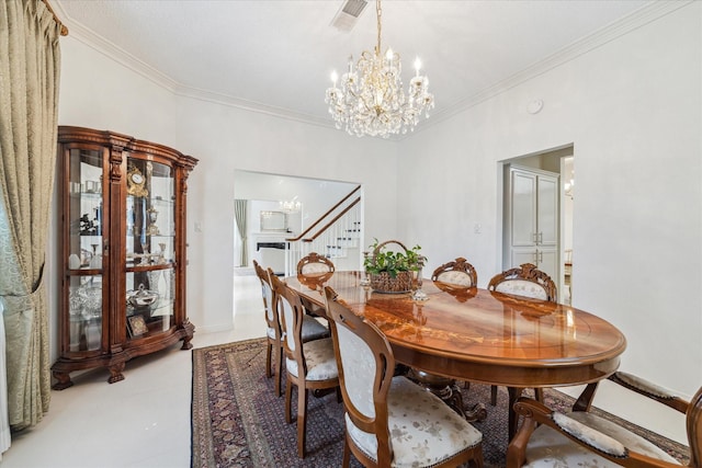 dining space with an inviting chandelier, stairway, crown molding, and visible vents