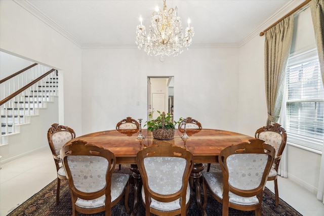 dining room with stairway, baseboards, an inviting chandelier, and crown molding