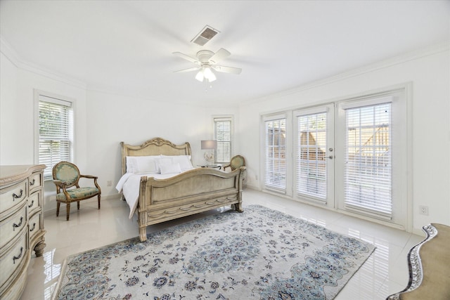 bedroom with access to exterior, light tile patterned floors, crown molding, and visible vents