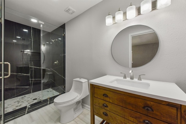 bathroom with toilet, a stall shower, vanity, and visible vents