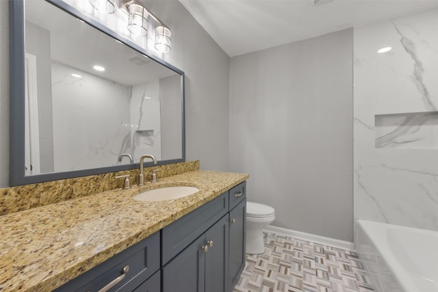 full bath featuring baseboards, toilet, a bathtub, walk in shower, and vanity