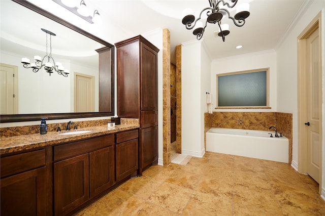 bathroom featuring a garden tub, a tile shower, an inviting chandelier, crown molding, and vanity