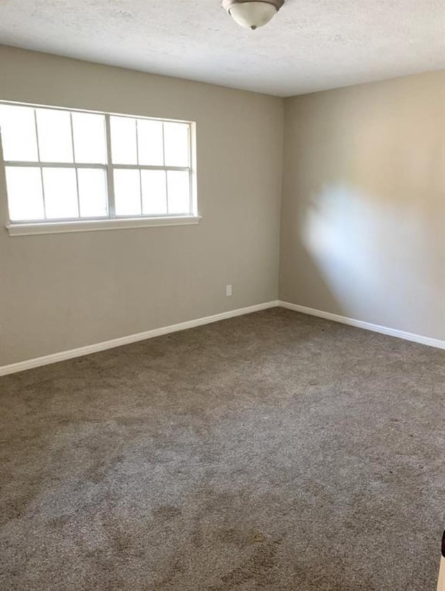 empty room with carpet, baseboards, and a textured ceiling