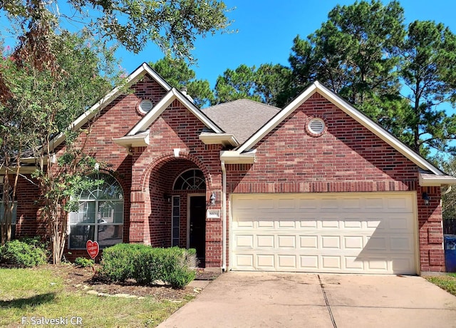 view of front of property featuring a garage, brick siding, and driveway