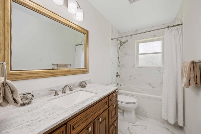 bathroom with toilet, marble finish floor, shower / bathtub combination with curtain, and vanity