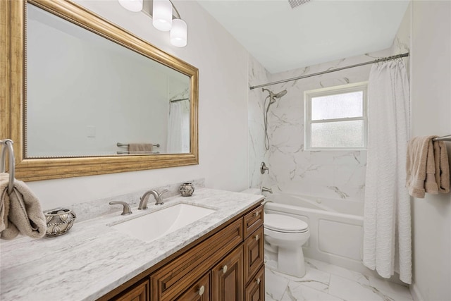 7719 Highmeadow Dr, Houston, TX 77063 - bathroom with shower / bathtub combination with curtain, toilet, vanity, and marble finish floor