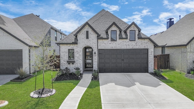 french country style house featuring concrete driveway, roof with shingles, an attached garage, a front lawn, and brick siding