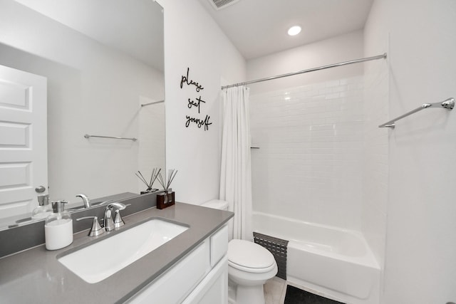 bathroom featuring visible vents, shower / bathtub combination with curtain, toilet, and vanity