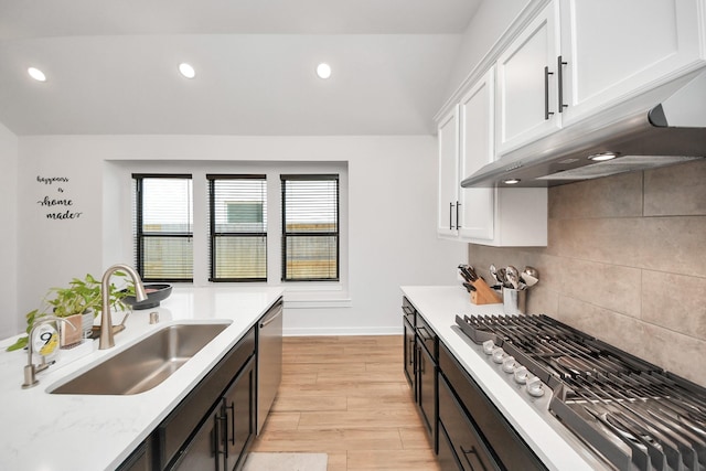 kitchen featuring white cabinets, a sink, stainless steel appliances, under cabinet range hood, and backsplash