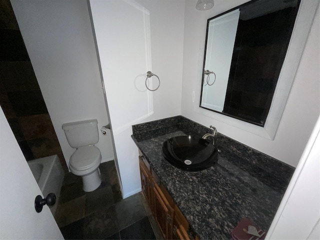 bathroom with a shower, toilet, a tub, tile patterned floors, and vanity