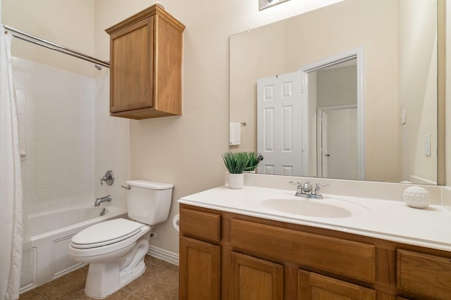 full bath with shower / bath combo, vanity, toilet, and tile patterned floors