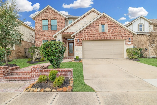 view of front of house featuring driveway, a garage, and brick siding