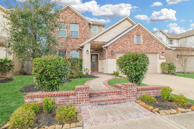 traditional-style home with a garage, concrete driveway, brick siding, and a front lawn