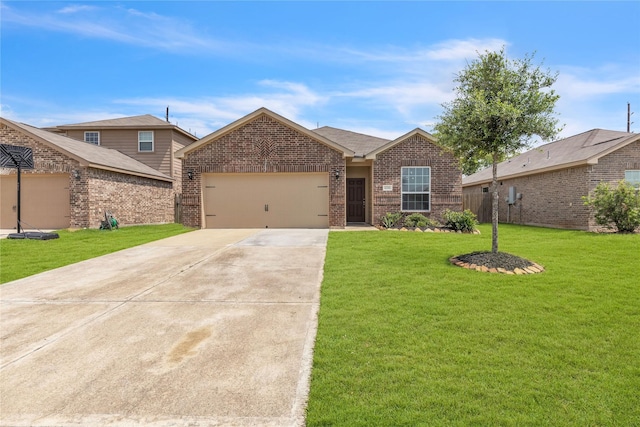 ranch-style home with a garage, a front yard, concrete driveway, and brick siding