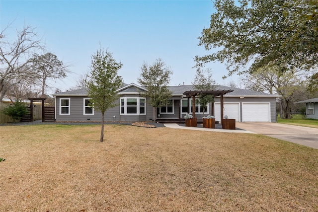 single story home featuring an attached garage, fence, concrete driveway, a pergola, and a front lawn