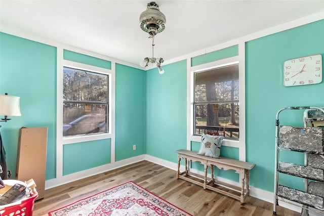 interior space with an inviting chandelier, baseboards, and wood finished floors