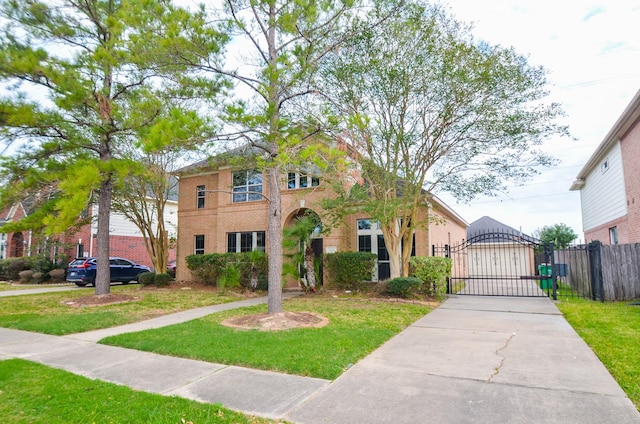 view of front facade with a front yard, a gate, brick siding, and fence