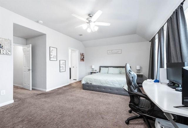 carpeted bedroom featuring visible vents, baseboards, ceiling fan, and vaulted ceiling