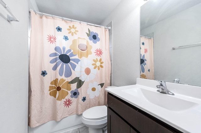 full bath with vanity, shower / bath combination with curtain, and toilet