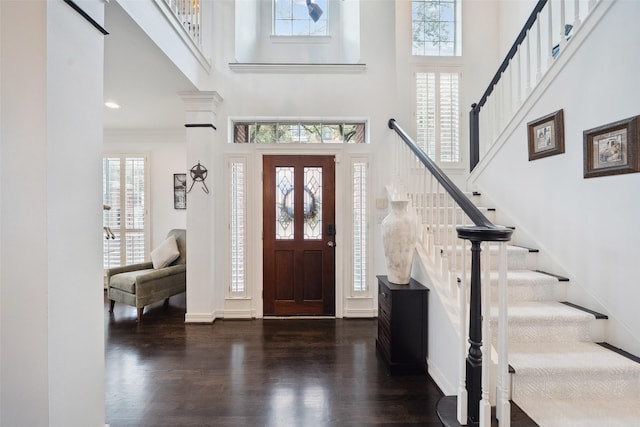 foyer entrance featuring a wealth of natural light, dark wood-type flooring, and a high ceiling