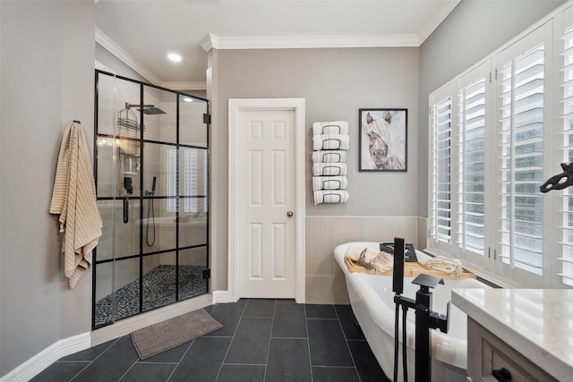 full bathroom featuring tile patterned flooring, crown molding, a stall shower, a soaking tub, and vanity