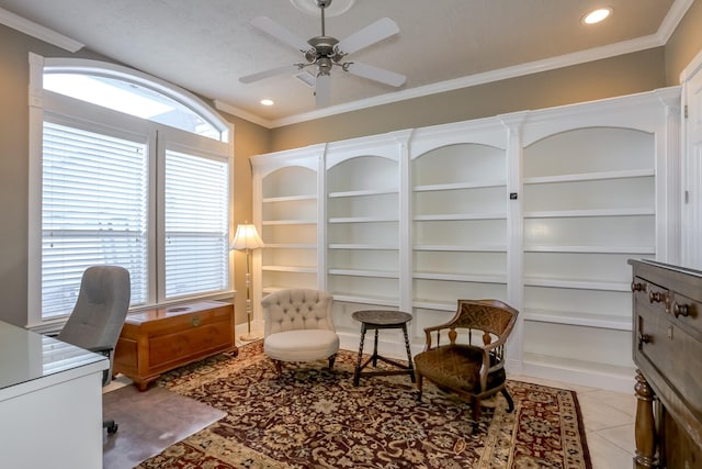 office area featuring ceiling fan, recessed lighting, crown molding, and light tile patterned floors