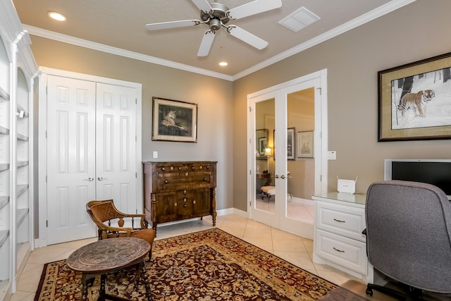 office area featuring light tile patterned floors, visible vents, ornamental molding, and french doors