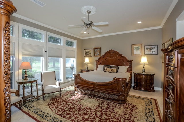 bedroom featuring light tile patterned floors, baseboards, visible vents, crown molding, and recessed lighting