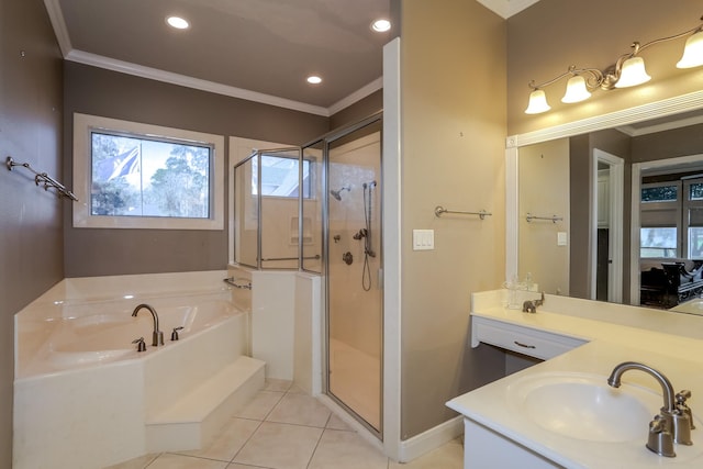 bathroom featuring a garden tub, ornamental molding, a shower stall, and tile patterned floors