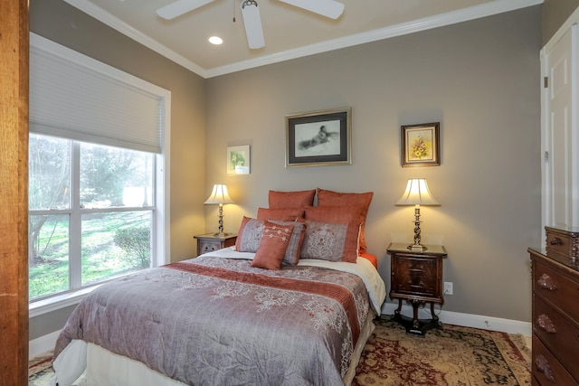 bedroom featuring baseboards, recessed lighting, a ceiling fan, and crown molding