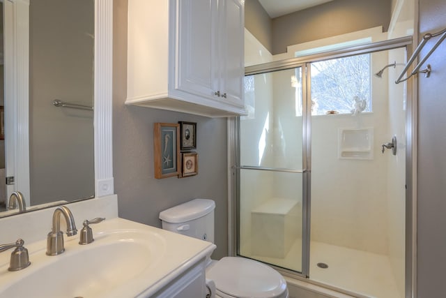 full bath featuring toilet, a shower stall, and vanity