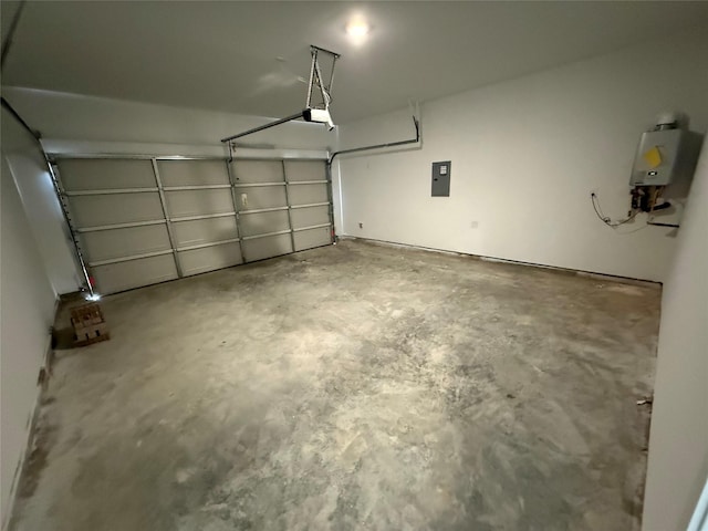 garage featuring water heater, electric panel, and a garage door opener