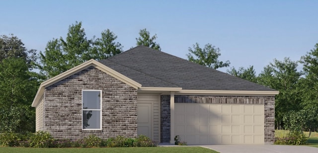 view of front facade featuring an attached garage, roof with shingles, concrete driveway, and brick siding