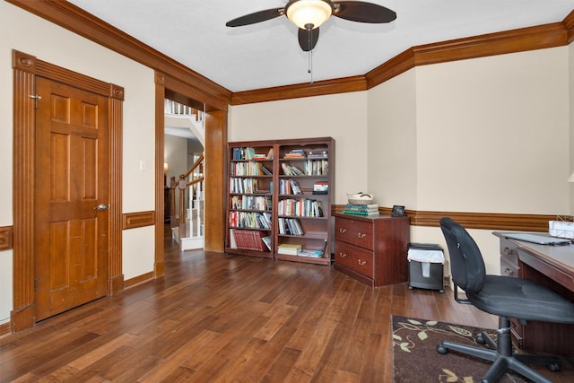 office space with a ceiling fan, crown molding, and wood finished floors