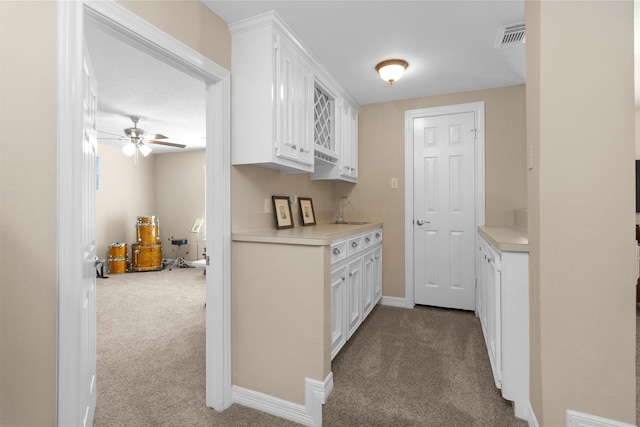 interior space with carpet floors, a sink, visible vents, and baseboards