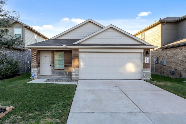 ranch-style home featuring brick siding, concrete driveway, an attached garage, stone siding, and a front lawn