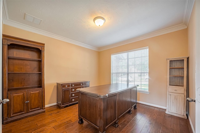 office space featuring dark wood-style floors, baseboards, and crown molding