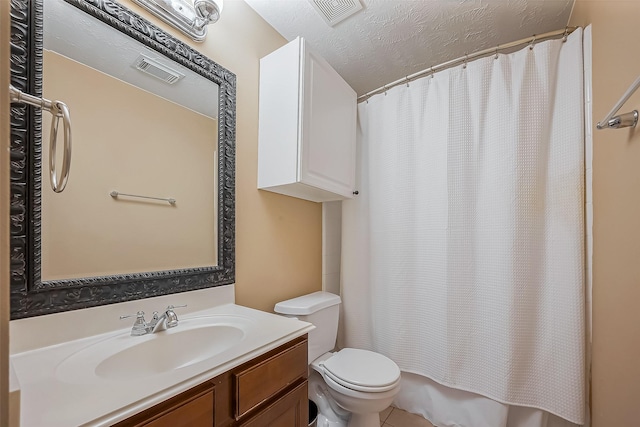 full bath with toilet, visible vents, a textured ceiling, and vanity