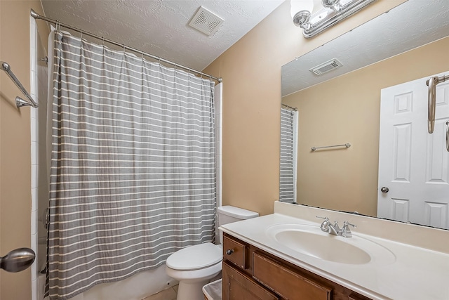 bathroom featuring shower / bath combination with curtain, visible vents, a textured ceiling, and toilet