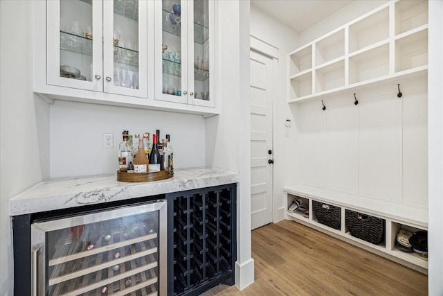 bar featuring wine cooler, wood finished floors, and a dry bar