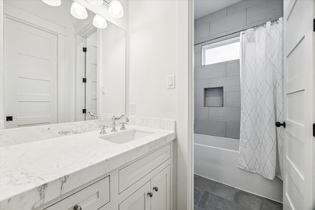 full bathroom with shower / bath combination with curtain and vanity