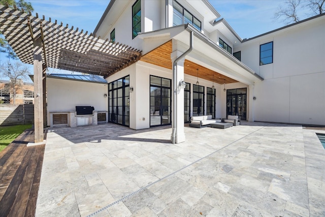 view of patio / terrace featuring area for grilling, grilling area, fence, an outdoor living space, and a pergola